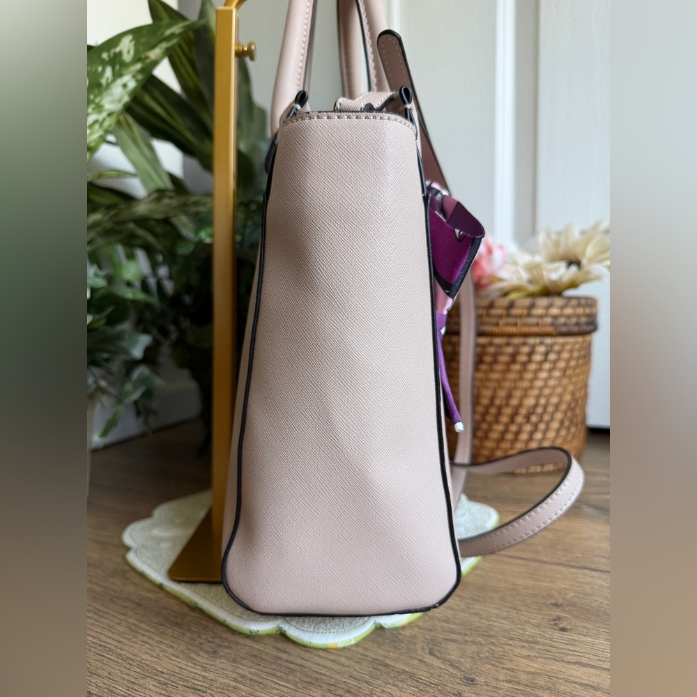 Trina Turk Vegan Leather Satchel Crossbody Bag in Nude w/Black Trim - Picture 3 of 12
